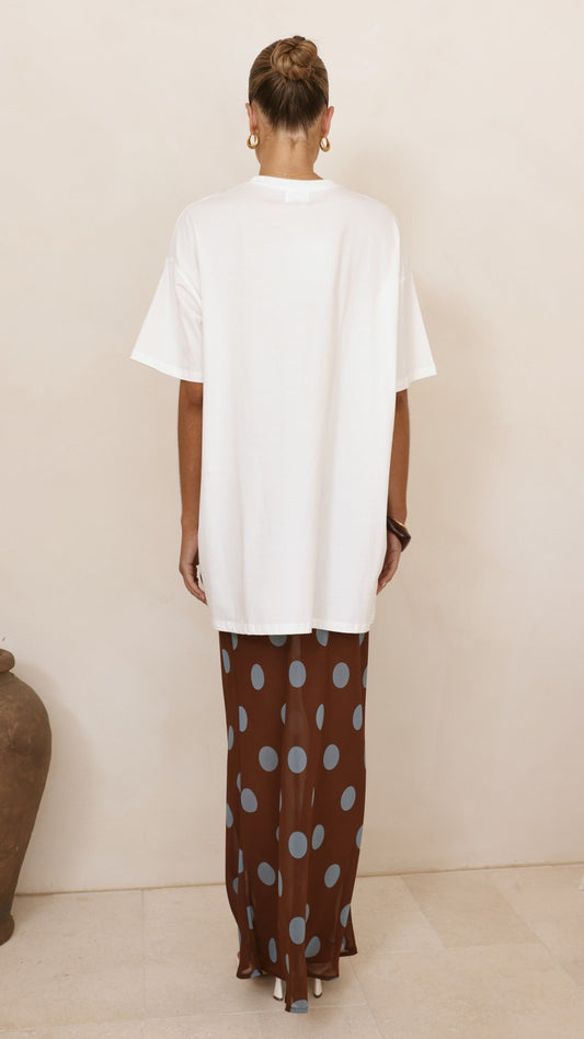 Yumi Oversized Tee and Sheer Skirt Set - White/Brown/Blue Polka