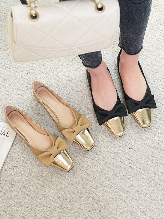 Bowknot Contrast Color Shallow Cut Split-Joint Square-Toe Flats
