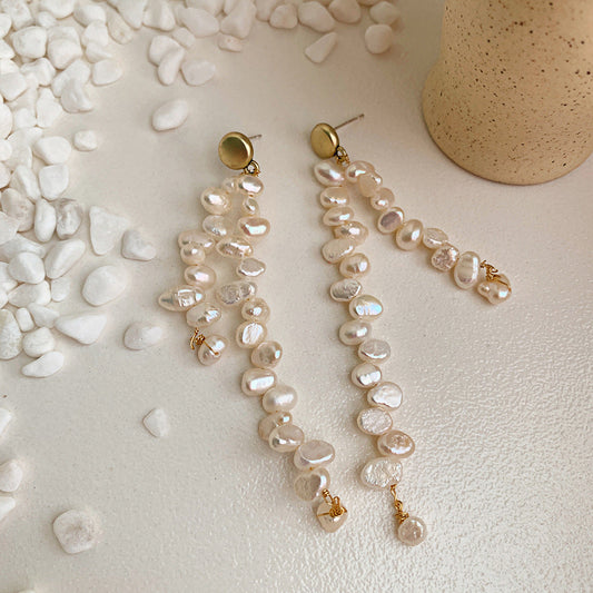 Pearl Tassel Long Asymmetrical Earrings