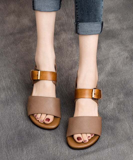 Fine Buckle Strap Splicing Peep Toe Flat Sandals Khaki Cowhide Leather