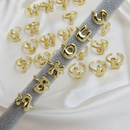 Golden Smooth Bubble Balloon Chubby Alphabet Ring
