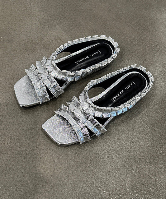 New Black Wrinkled Sheepskin Slide Sandals Peep Toe