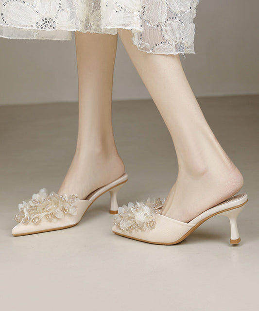 New French Apricot Satin Zircon High Heels Slide Sandals