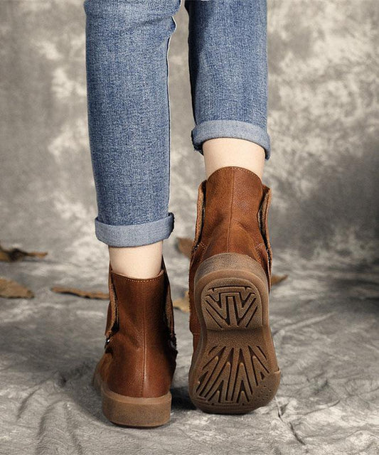 Chocolate zippered Casual Boots Cowhide Leather