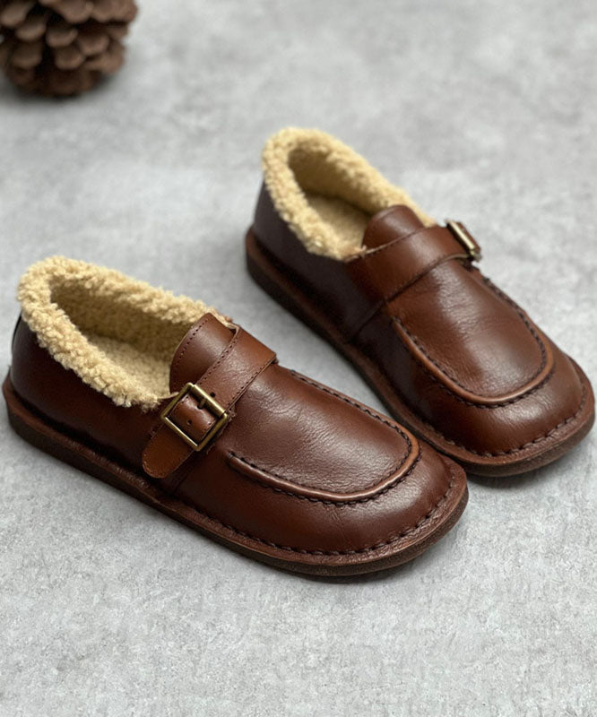 Coffee Flat Shoes For Women Cowhide Leather Casual Fuzzy Wool Lined Flat Shoes For Women