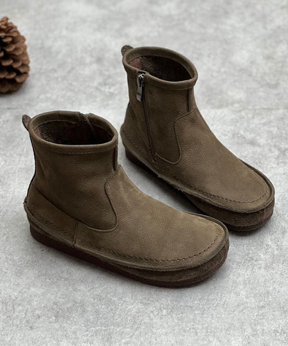 Coffee Cowhide Leather Boots Zippered Vintage Ankle Boots