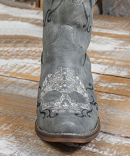 Boho Embroidery Solid Chunky Boots Grey Faux Leather