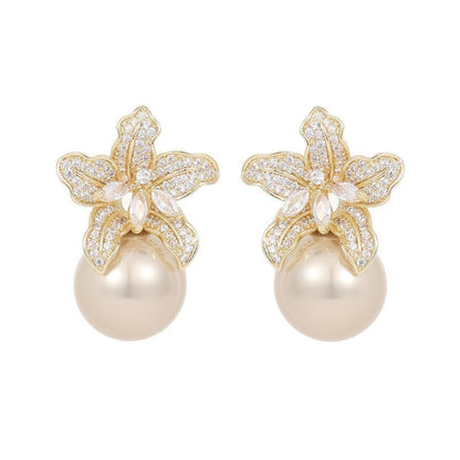 Retro Lily Flower Pearl Earrings