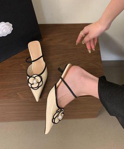 French Black Floral Splicing Slide Sandals Pointed Toe