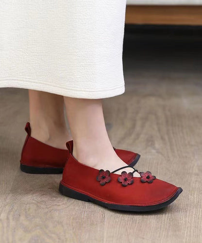 Handmade Comfy Flat Feet Shoes Red Cowhide Leather Floral