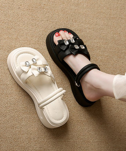 Boho Bow Zircon Splicing Platform Black Faux Leather Slide Sandals