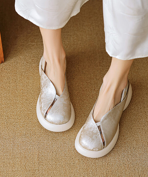 Comfy Splicing Chunky Sandals Green Cowhide Leather Hollow Out