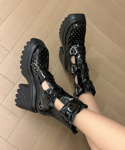 Boutique White Cowhide Leather Hollow Out Buckle Strap Splicing Boots