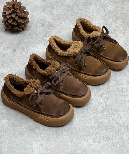 Coffee Flats Lace Up Flat Shoes For Women Fuzzy Wool Lined