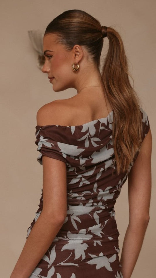 Ellita Off Shoulder Top - Chocolate/Blue Print