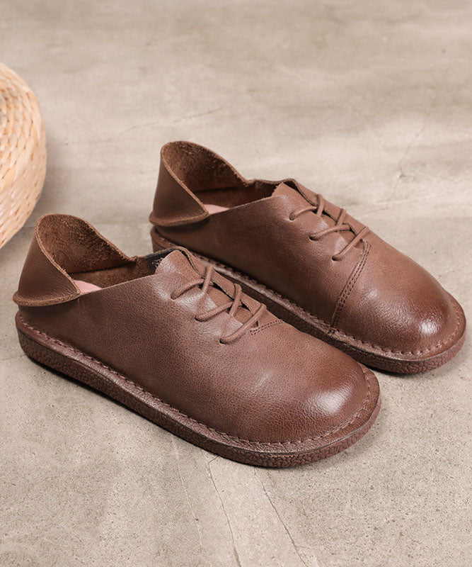 Coffee Cowhide Leather Flats Lace Up Flats