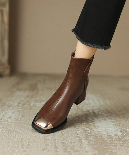 Chic Brown Cowhide Leather Zippered Splicing Chunky Heel Boots