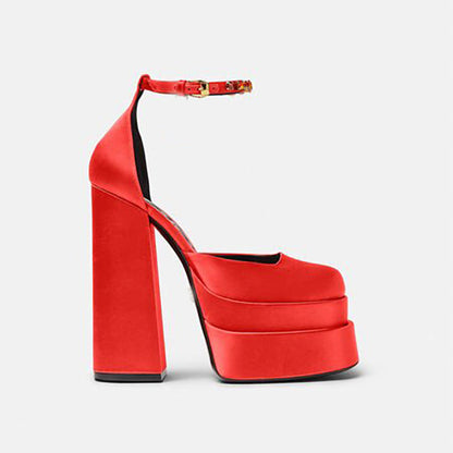 Chunky High Heel Square Toe Satin Sandals