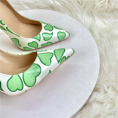 Green Heart Patent Leather Pointed-Toe Shoes