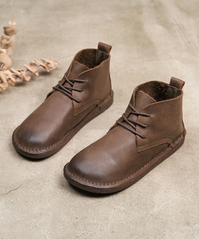 Coffee Boots Cowhide Leather Warm Fleece Fine Lace Up Flat Boots