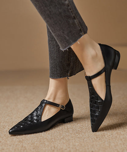New Black Cowhide Leather Hollow Out Flat Feet Shoes Pointed Toe