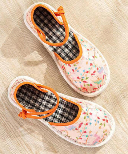 Handmade Flats Shoes Orange Cotton Fabric Buckle Strap