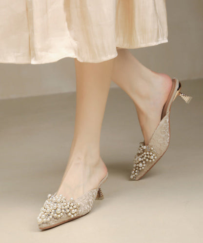 Elegant Splicing High Heel Blue Slide Sandals Nail Bead Pointed Toe
