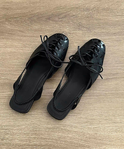 Handmade Beige Lace Up Splicing Hollow Out Sandals
