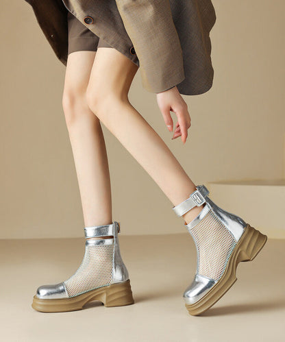 Fashion Silk Chunky Cowhide Leather Breathable Mesh Splicing Boots