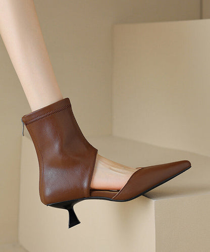 Brown High Heels Faux Leather Fashion Splicing Boots Hollow Out