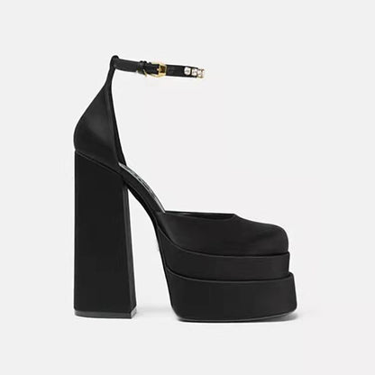 Chunky High Heel Square Toe Satin Sandals