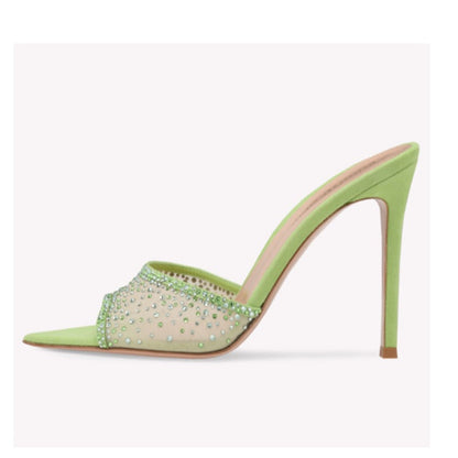 One Line Pointed Fish Mouth Mesh Water Diamond Stiletto Sandals