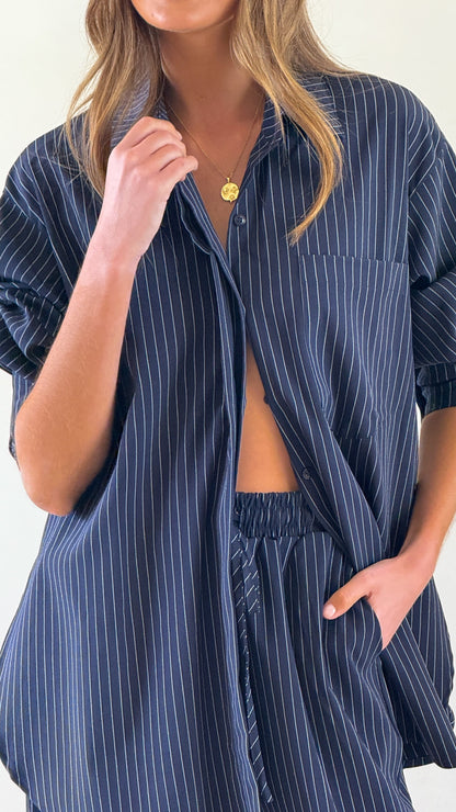 Zaila Long Sleeve Shirt - Navy/White Stripe
