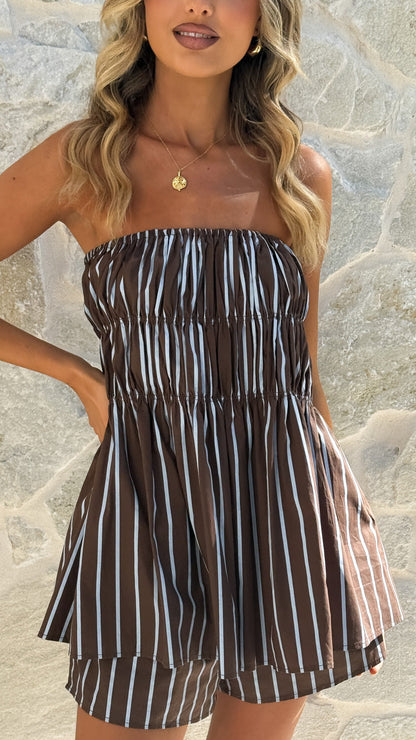 Kamala Strapless Cinch Top and Shorts Set - Chocolate/Blue Stripe