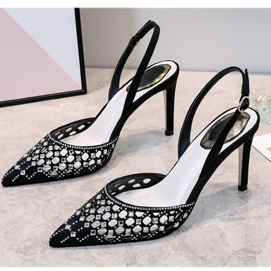 Hollow Pointed Toe Rhinestone Stiletto Strap Sandals