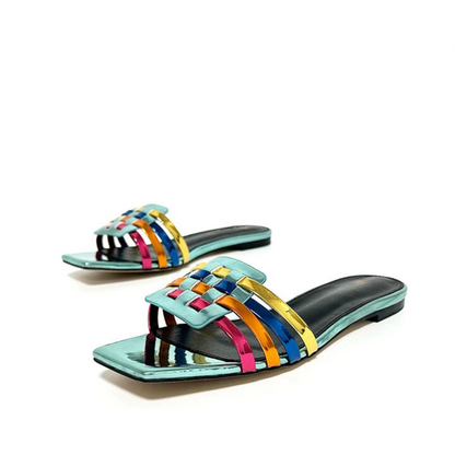 Colorful Woven Leather Square Toe Slippers