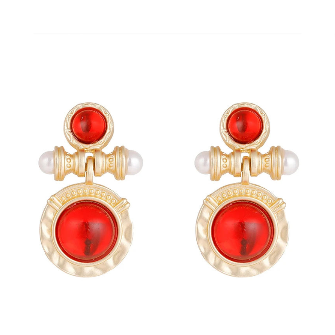 Retro Circle Gemstone Pearl Earrings
