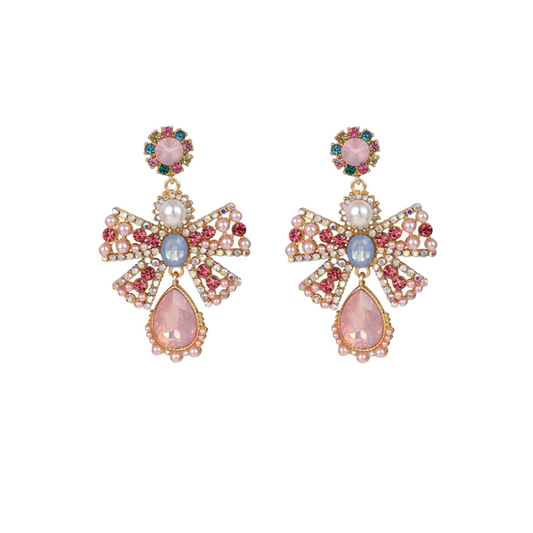 Pearl Crystal Glass Metal Bow Earrings
