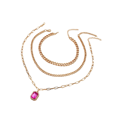 Diamond Inlaid Multi-Layer Square Pendant Three-Piece Necklace Set