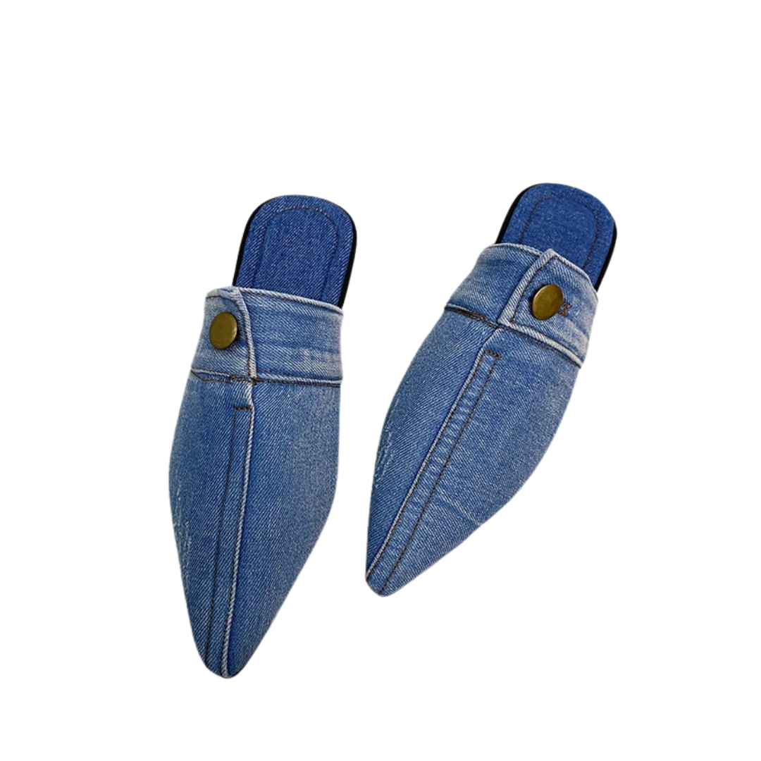 Denim Pointed Toe Flat Mules