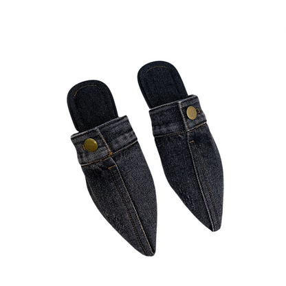 Denim Pointed Toe Flat Mules