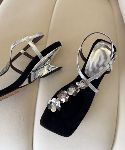 French Gold Floral Faux Leather Wedge Heels Sandals