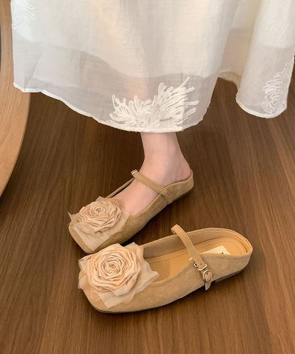 French Comfy Floral Splicing Brown Suede Slide Sandals