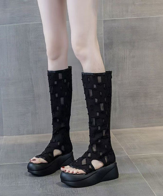 Boutique Splicing Platform Boots Peep Toe White Denim Fabric