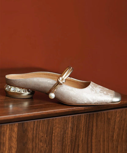 Chinese Style Champagne Cowhide Leather Embossed Slide Sandals