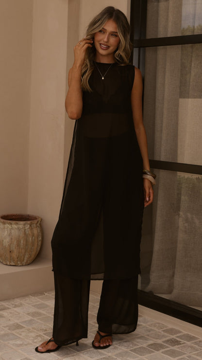 Zaire Long Line Sheer Top and Pants Set - Black