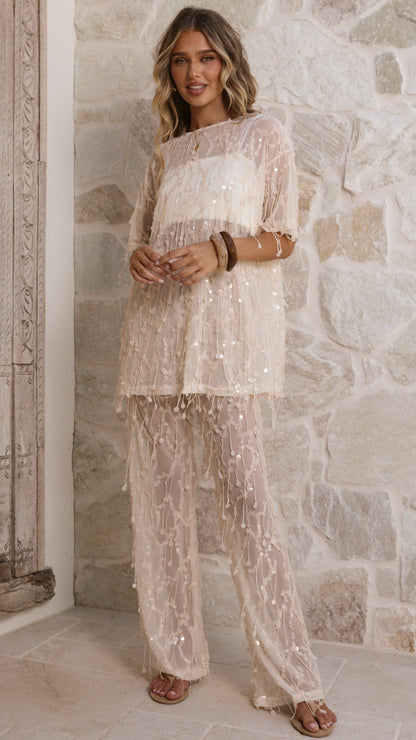 Zabby Sequin Oversized T-Shirt - Beige