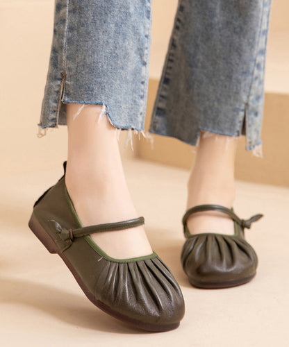 Brown Comfy Cowhide Leather Women Splicing Flat Shoes Wrinkled