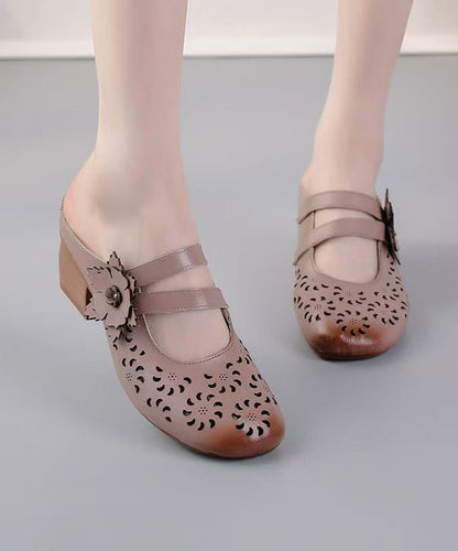 Boho Cowhide Leather Splicing Brown Slide Sandals Hollow Out