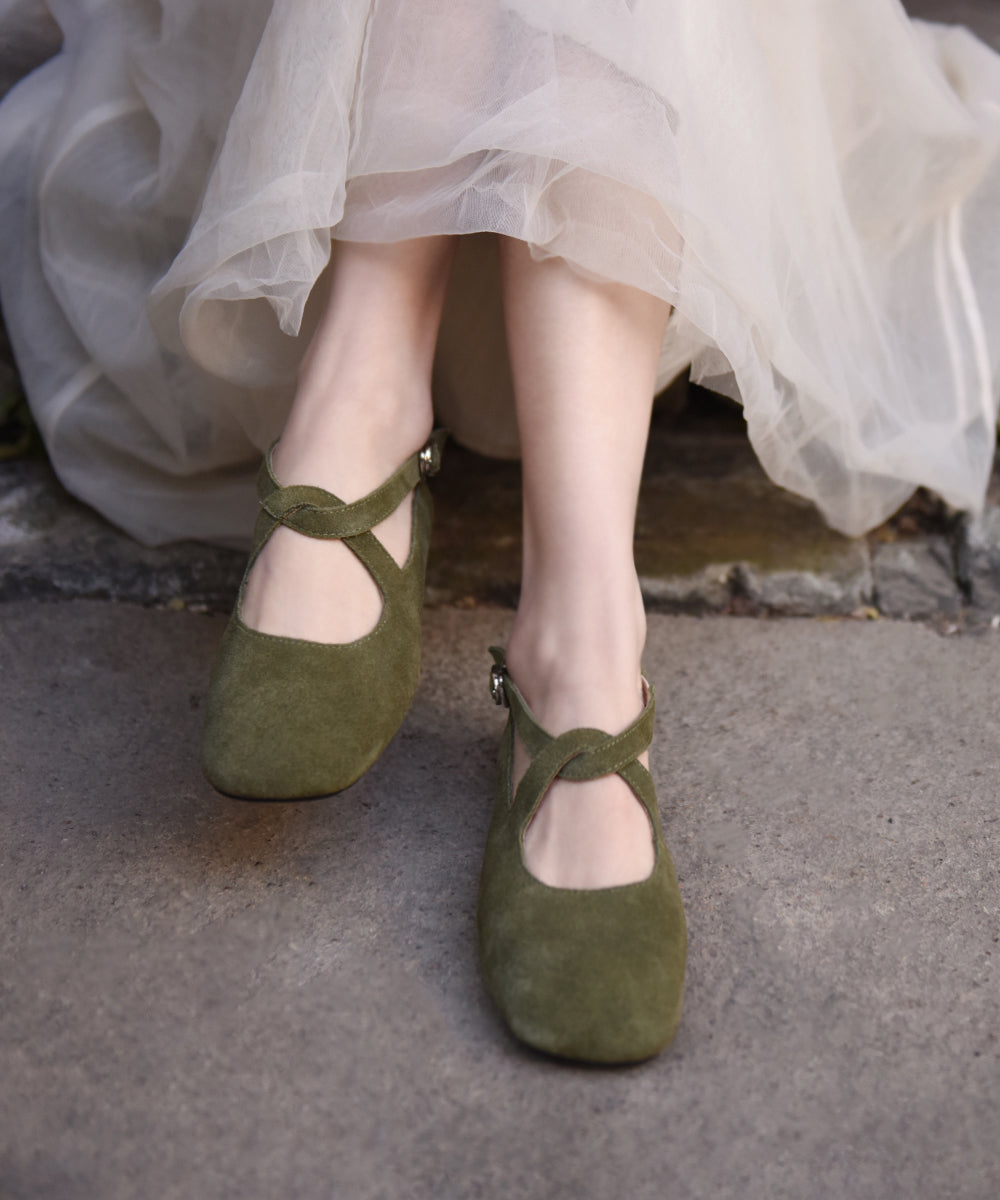 New Comfy Flat Feet Shoes Green Suede Cross Strap
